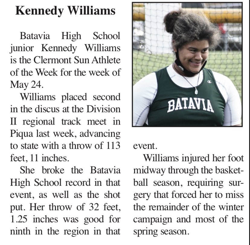 ESsportspage's tweet photo. Congrats Kennedy on being athlete of the week @ClerSunSports @track_batavia @BataviaSports https://t.co/ehpJKUp50K