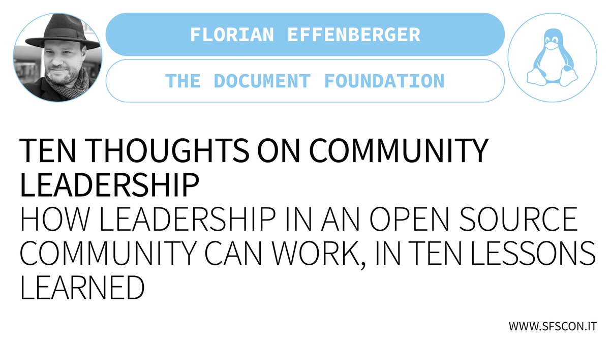 SFScon's tweet photo. πΉ Throwback - Watch #SFScon20!
π¬"Ten thoughts on community leadership. How leadership in an open source community can work, in ten lessons learned", Florian Effenberger @floeff, @tdforg
π https://t.co/VSdXyRwsak
π£ Will you speak at #SFScon21?
π https://t.co/5qDqmjW62j https://t.co/KrQPnBCFf7
