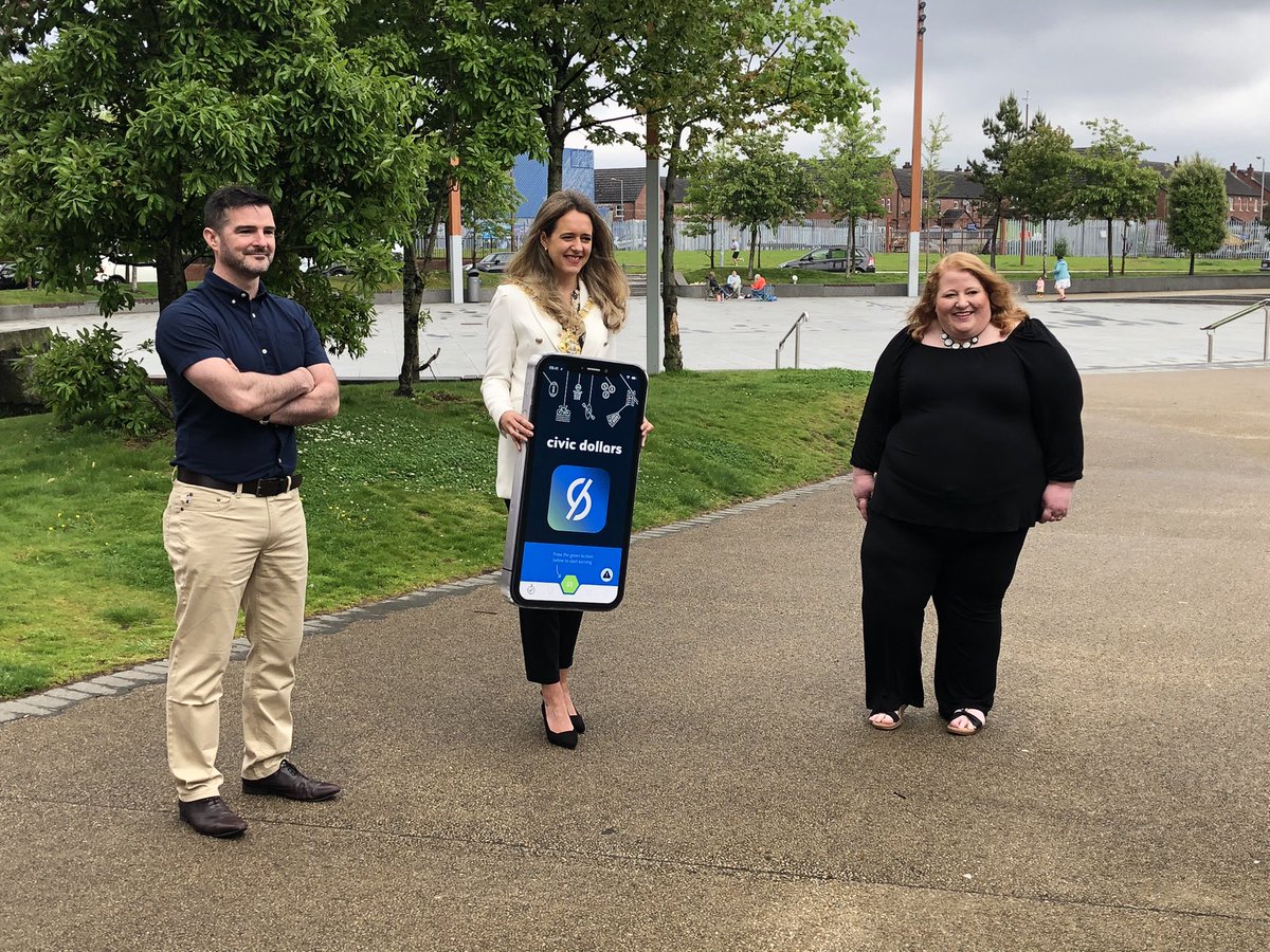 PaulaLFee's tweet photo. Great to be at the launch of @CivicDollars this morning @ConnsGreenway with founder Stephen McPeake @stavros0, Lord Mayor @KateNicholl and Justice Minister @naomi_long. Belfast is trialling the community currency app until 31 August. #smartbelfast https://t.co/N2HLN6QJO2