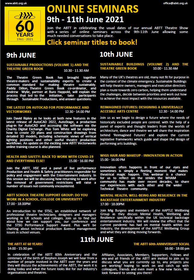 SO MANY CHOICES! Which ABTT Seminars will you be attending over the 9th-11th June for the <a href="/theabtt/">The ABTT</a> Theatre Show online?