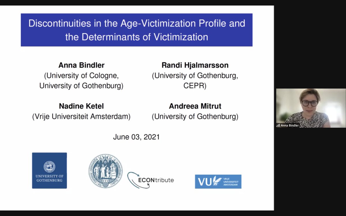 We continue with @AnnaBindler (University of Cologne) talking about “Discontinuities in the Age-Victimization Profile and the Determinants of Victimization”