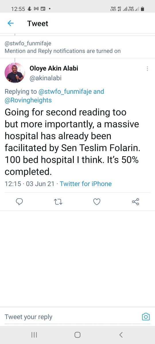 FODEI_OnaAra's tweet photo. @AlawodeRA @akinalabi @RaifuSmart @Ycyw_oyo He has replied.When this hospital will be ready is of essence 4 us 2 know,cos it will improve health care access 4 our people, job opportunities &amp; economic prospects of our land.Senator @teslimkfolarin needs to update us on when d hospital is hoped 2 be ready https://t.co/wmsfHmiCy1