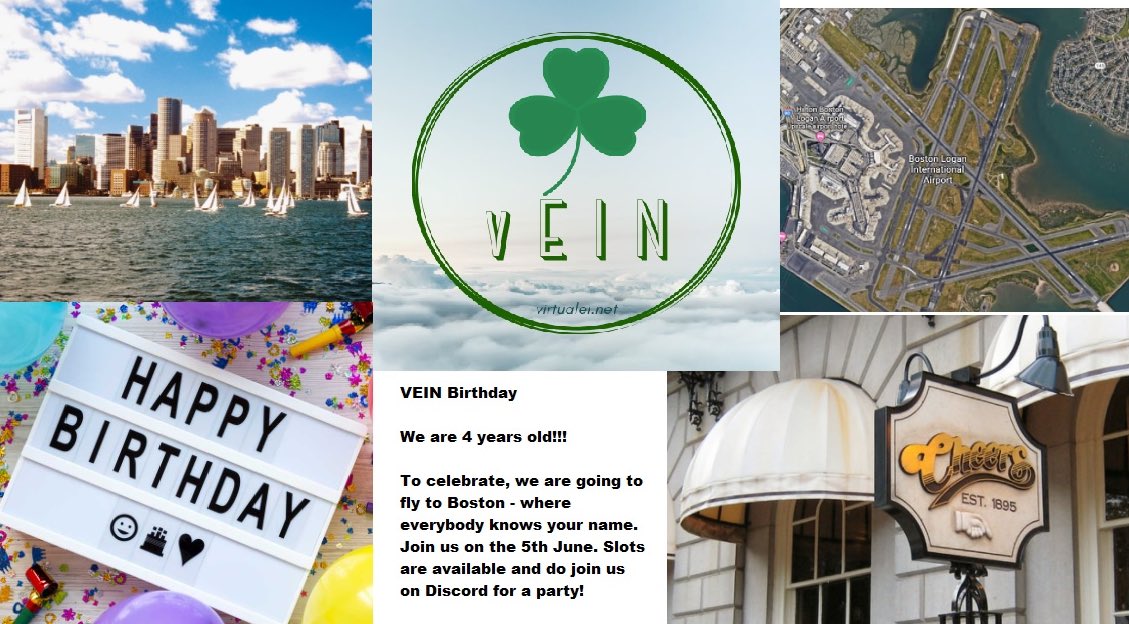EiVirtual's tweet image. We are 4 years old, and whilst it is tempting to just have jelly and ice-cream, surely its better to dust of the Oceanic clearance and take a Shamrock out over the Atlantic.
So join us for our Birthday in Boston flight this Saturday 5th June from 12:00z from Dublin to Boston.