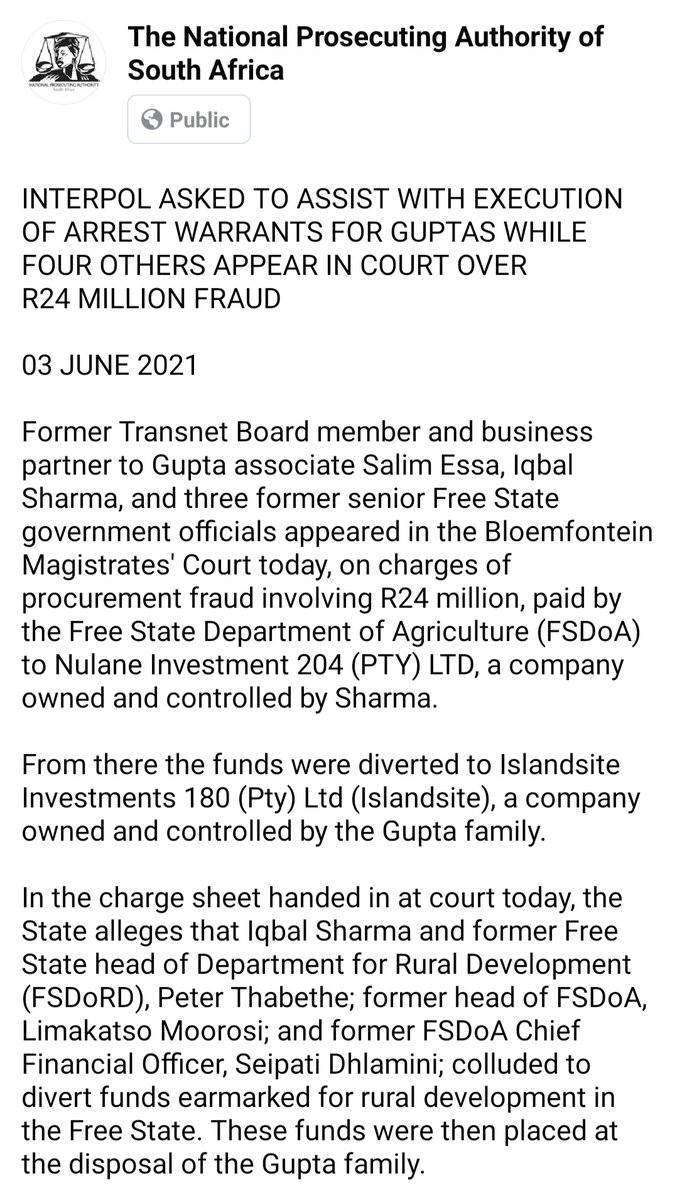 NPA_Prosecutes's tweet photo. ID: Arrest warrants issued for the Guptas; Interpol requested to execute. Meanwhile, businessman Iqbal Sharma & former Free State senior government officials appeared before court, charged for corruption related to Vrede dairy farm.
#DealingWithStateCapture https://t.co/gDKlfCWP7p