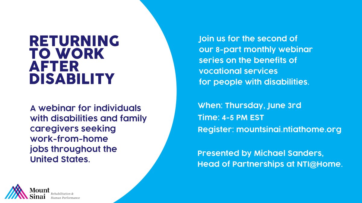 Today at 4PM EST, join me at the <a href="/MountSinaiSCI/">Mount Sinai Spinal Cord Injury</a> webinar to learn about the free training, job services, and work-at-home opportunities the nonprofit NTI@Home provides to individuals with disabilities and family caregivers across the US.

us02web.zoom.us/webinar/regist…

#disabilityjobs