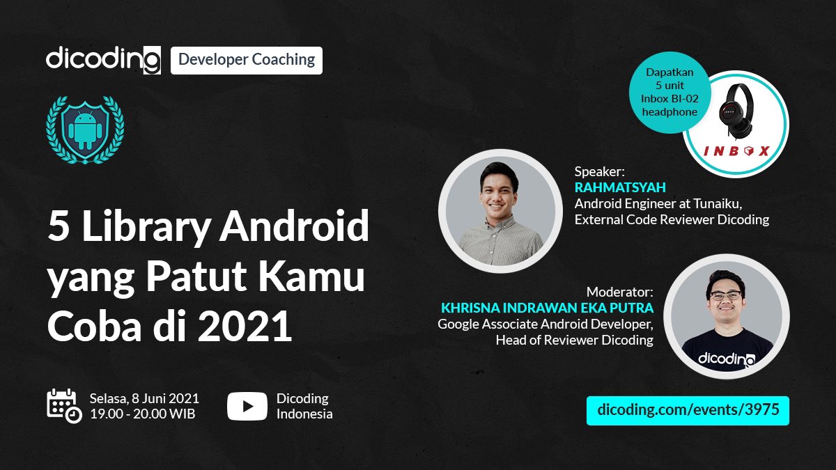 dicoding's tweet image. Jangan lupa minggu depan kita akan bahas 5 Library Android yang patut kamu coba di tahun 2021! Penasaran apa aja? Stay tuned jam 19.00 ya!
Ada GIVEAWAY juga loh!
Yuk daftar! GRATIS!
.
Ini linknya ya dicoding.com/events/3975
.
#webinarIT #eventIT #dicodingevent