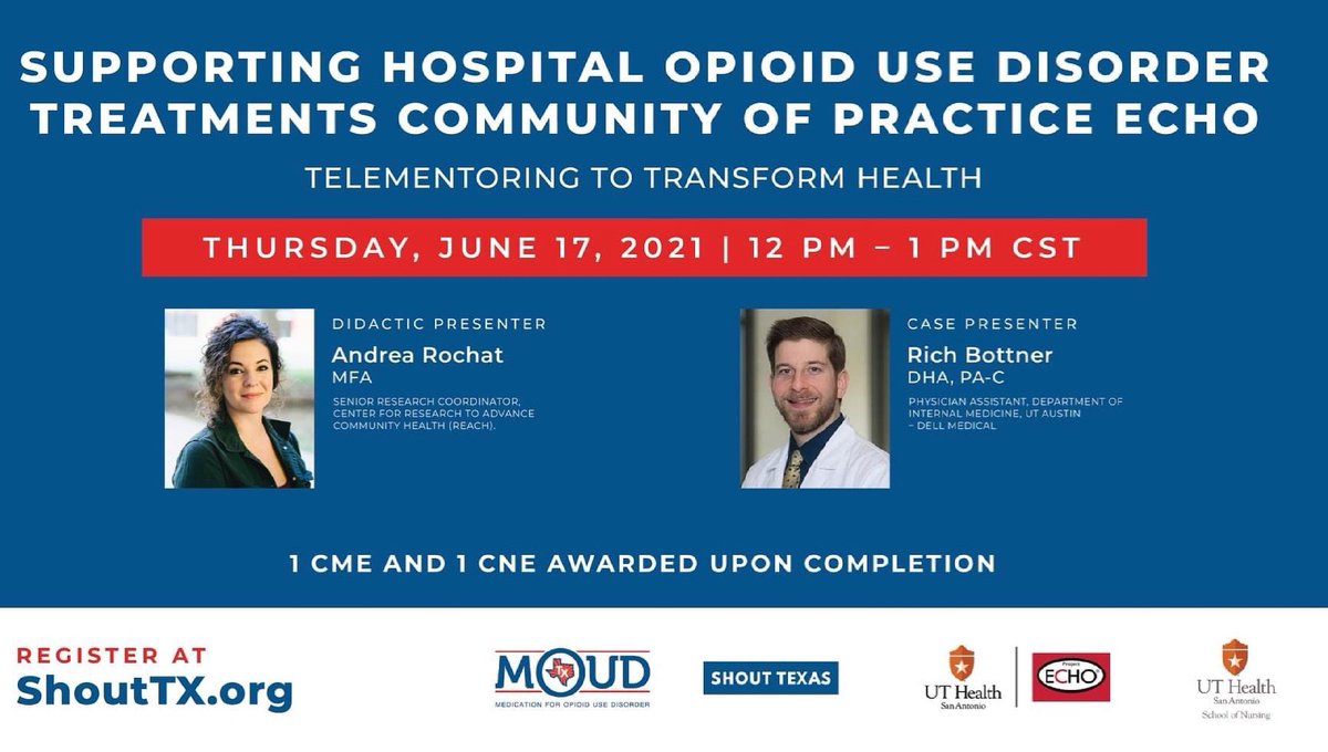 BeWellTexas's tweet photo. Attention TX Hospitals: Let's collaborate on best practices for serving people with addiction during acute hospitalization. Join TxMOUD's newest ECHO series "SHOUT Texas" June 17th for our first ECHO. Register https://t.co/DSSVqkHs8X #txmoud #shouttexas @RichBottner @DrJSPotter https://t.co/xp31vskZ28