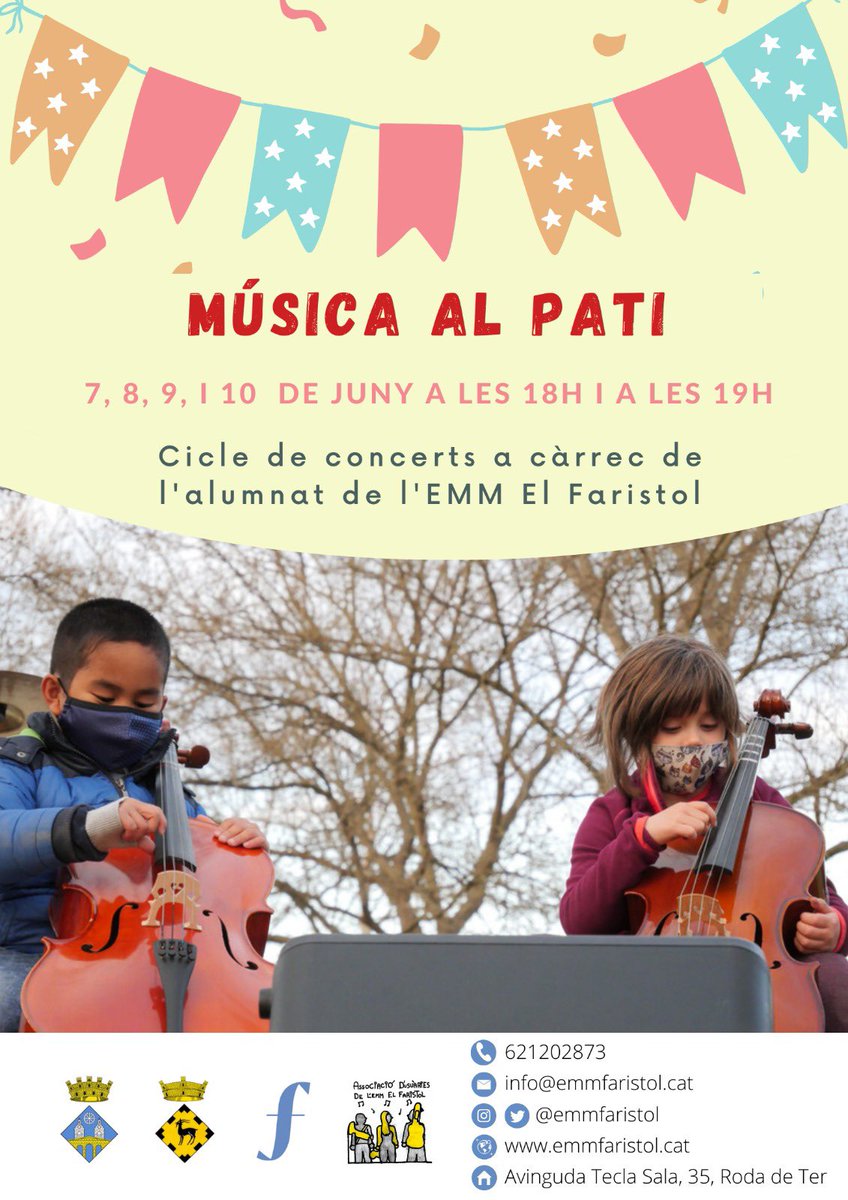 Tancarem el curs amb el nostre tradicional concert de Música al Pati. Us esperem els dies 7, 8, 9 i 10 a les 18h i les 19h al Pati de l'escola a Roda de Ter. Estem segurs que gaudireu! 🎶
<a href="/RodadeTer/">Ajuntament de Roda de Ter</a> #música #finaldecurs #músicaalpati
