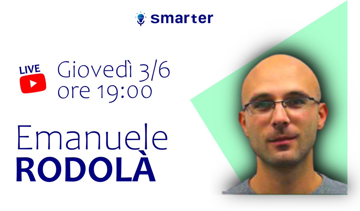 Smarter Podcast (@smarterpodcast) on Twitter photo 🔥 <a href="/EmanueleRodola/">Emanuele Rodolà</a> sarà l'ospite di oggi a Smarter Podcast. Parleremo di geometric deep learning e molto altro!
🕓 Ci vediamo alle 19.00 CEST, in diretta su YouTube.
🎥 Iscrivetevi al canale non perdervi i nuovi contenuti: youtube.com/channel/UCEcWr… 🔥 <a href="/EmanueleRodola/">Emanuele Rodolà</a> sarà l'ospite di oggi a Smarter Podcast. Parleremo di geometric deep learning e molto altro!
🕓 Ci vediamo alle 19.00 CEST, in diretta su YouTube.
🎥 Iscrivetevi al canale non perdervi i nuovi contenuti: youtube.com/channel/UCEcWr…