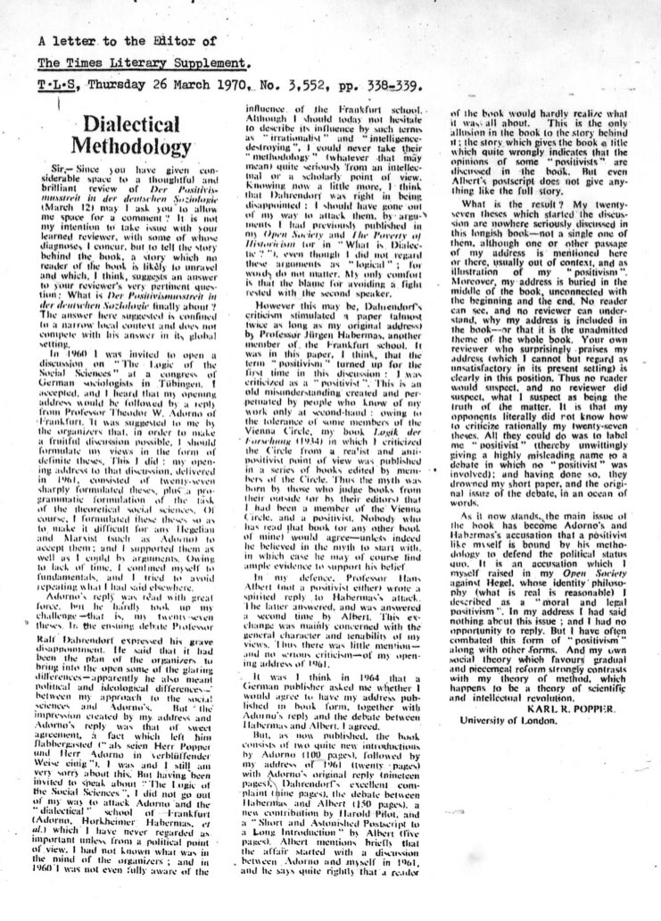 daniel_dsj2110's tweet photo. A letter exchange between Karl Popper and Raymond Aron regarding the “Positivism Debate” in which Popper refers to Adorno and Habermas as lunatics and Aron calls Marcuse a sophist (1970): https://t.co/ScfPgRZM15