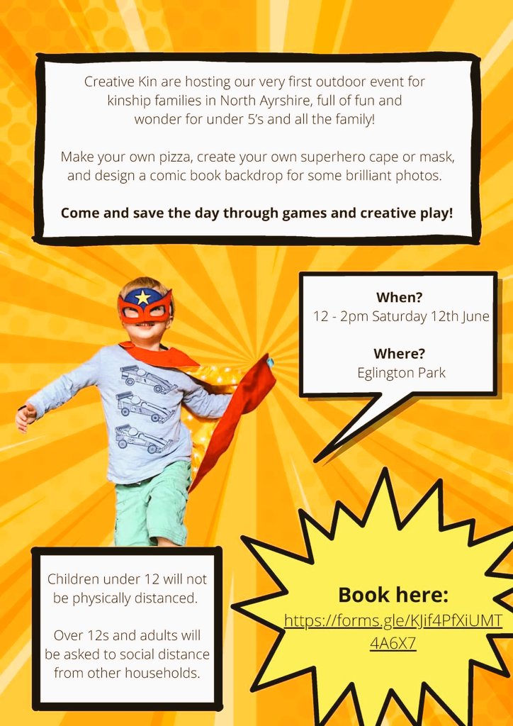 leana_grant84's tweet photo. @children1st & @StarcatchersUK #creativekin are kicking off summer with a superhero pizza party in @EglintonPark🦹♀️🦸♂️🥳☀️🍕
Open to all kinship families in North Ayrshire with children under 5👼
We are hosting 2 parties to allow families to attend safely so book your slot soon!📝 https://t.co/N0N3MpwwNF
