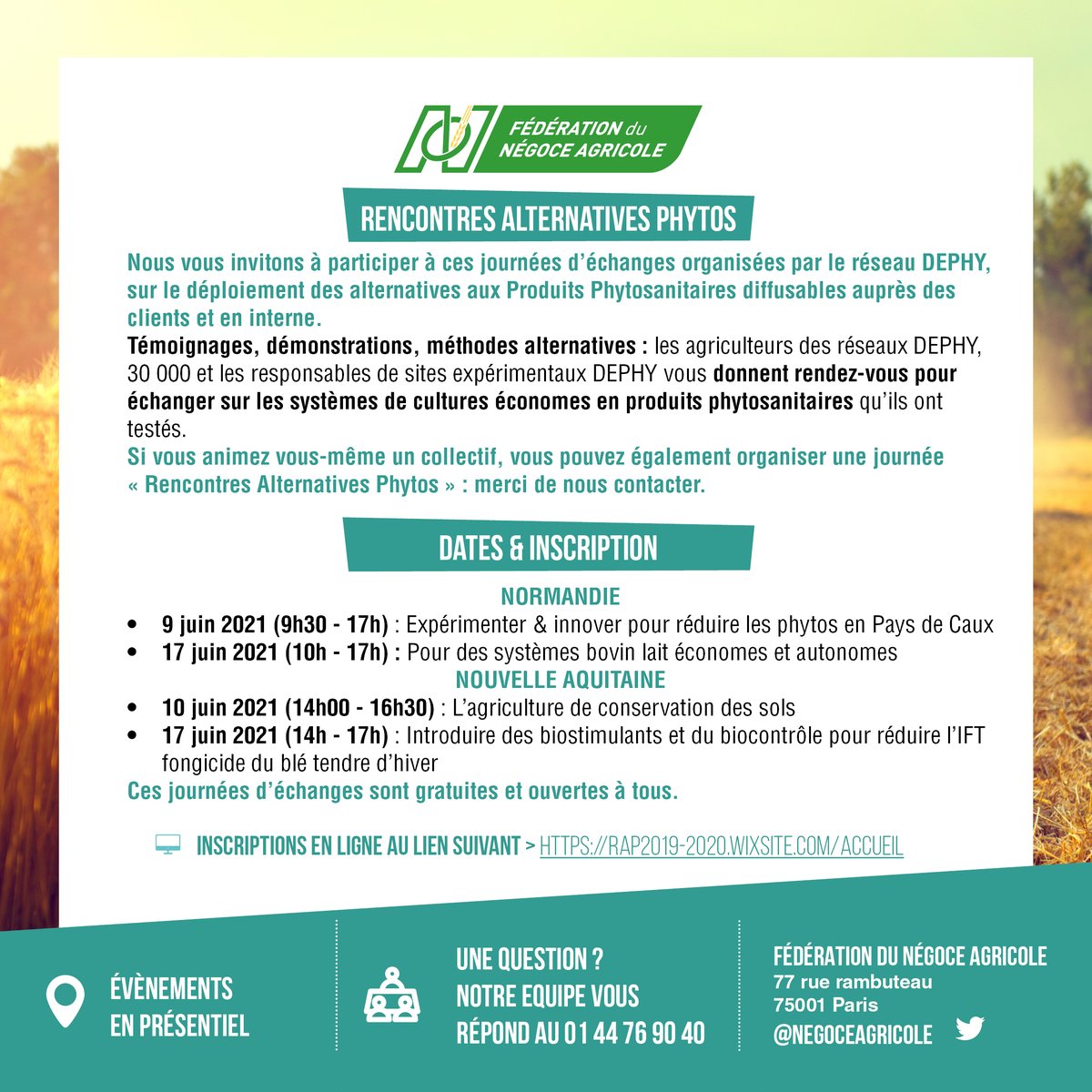 Le #negoceagricole vous invite à participer aux Rencontres Alternatives Phytos organisées par le réseau Dephy, sur le déploiement des alternatives aux produits #phytos. 
Plus d’infos : rap2019-2020.wixsite.com/accueil