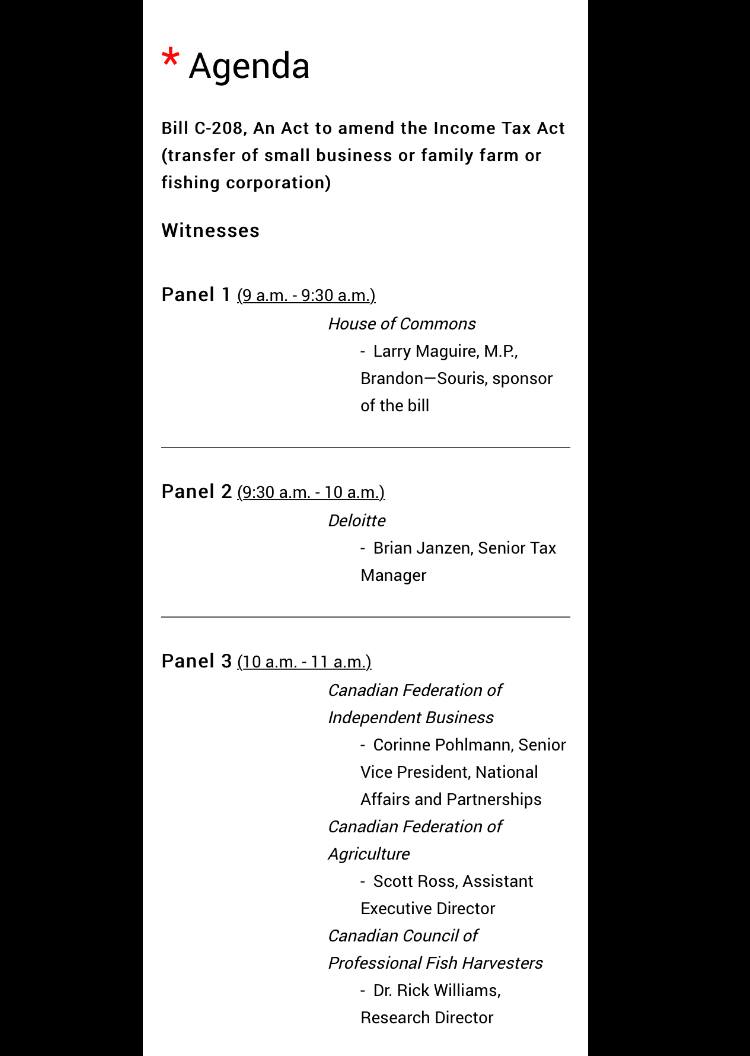 Today at #AGFO we'll hear from Member of Parliament Larry Maguire, <a href="/Deloitte/">Deloitte</a>, <a href="/CFIB/">Dan Kelly</a>, <a href="/CFAFCA/">CFA</a>, and #CCPFH re: Bill C-208, An Act to amend the Income Tax Act (transfer of small business or family farm or fishing corporation). Tune in now: senparlvu.parl.gc.ca/Harmony/en/Pow… #SenCA #cdnpoli