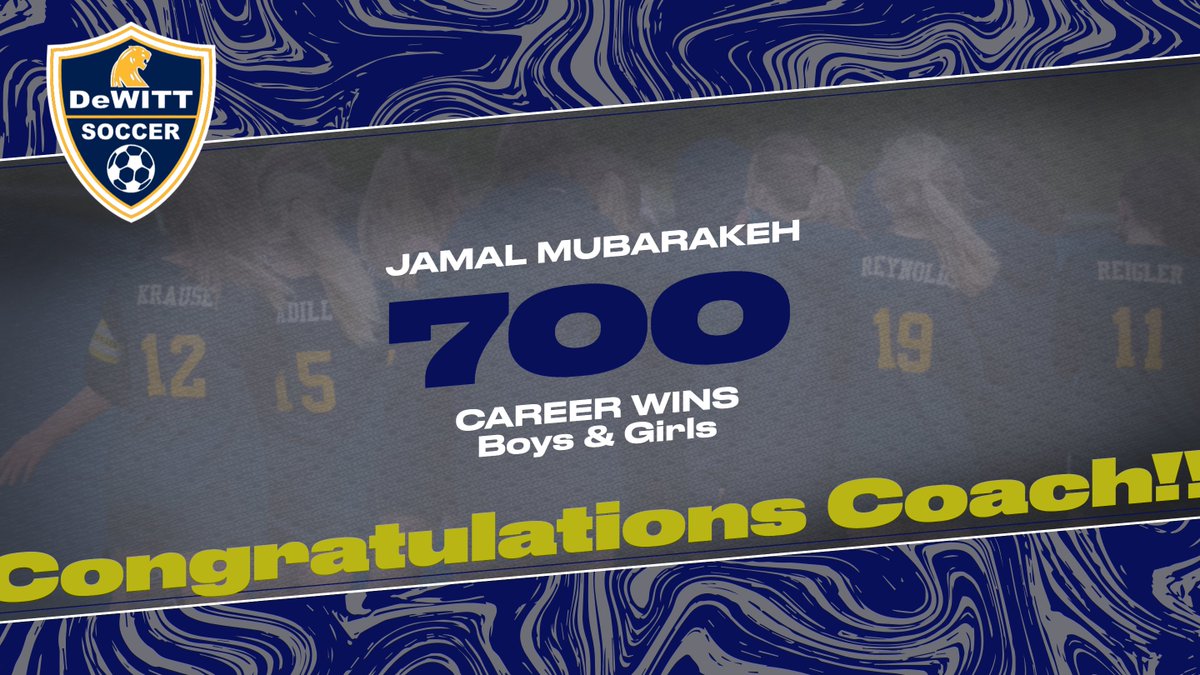 dewittathletics's tweet photo. Coach Mubarakeh has dedicated 25 years to DeWitt Public Schools--its student-athletes, families, and community.  Thank you, Jamal, and congratulations on #700!

"Strong, United, Loyal and True"

@DHSstudsect @DewittSoccer https://t.co/ZQG0WTpLEa