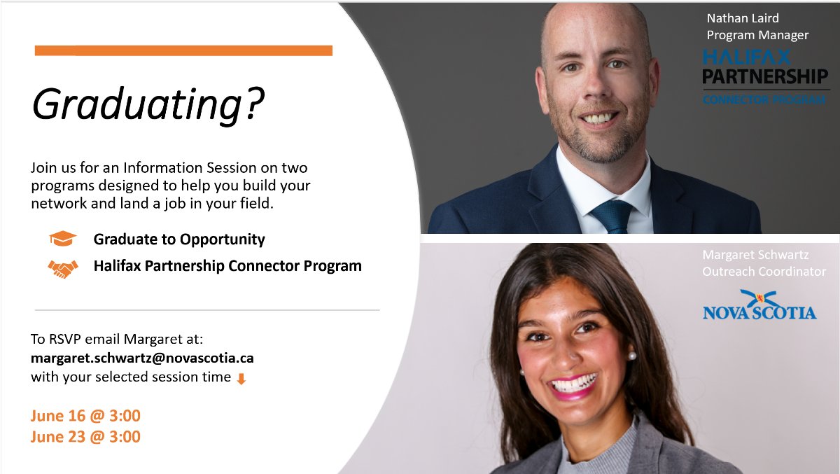 Sobey_GCS's tweet photo. Graduating? @Margaret__NS  from LAE and Nathan Laird from the @HfxPartnership will be offering two virtual information sessions for any HRM-based post-secondary graduates who are looking to build their networks and pursue job opportunities in their field. #GTO #Halifax https://t.co/JeU2gb0wwZ