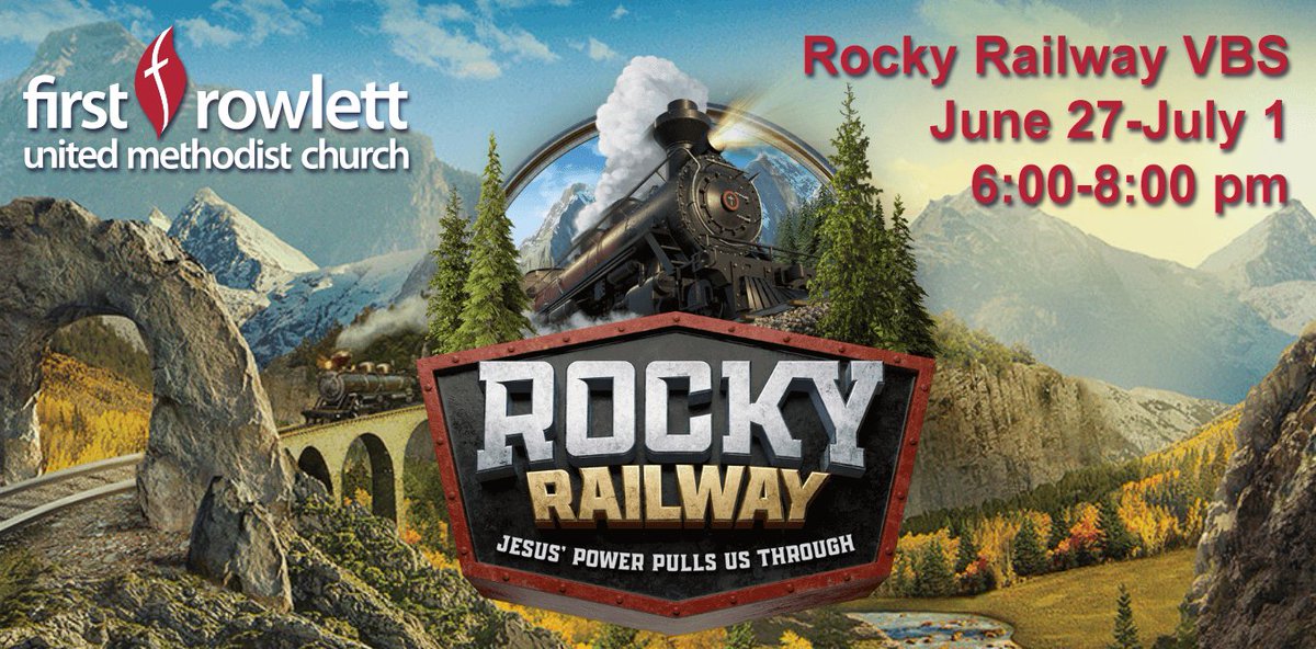 firstrowlettumc's tweet photo. All Aboard for Rocky Railway VBS 2021! June 27 - July 1, 2021 Climb aboard for mountains of fun at Rocky Railway! You can choose to participate in person or online. Visit our website for more information and to register, https://t.co/cy8r6Mhdcz https://t.co/LQhPHwhet6