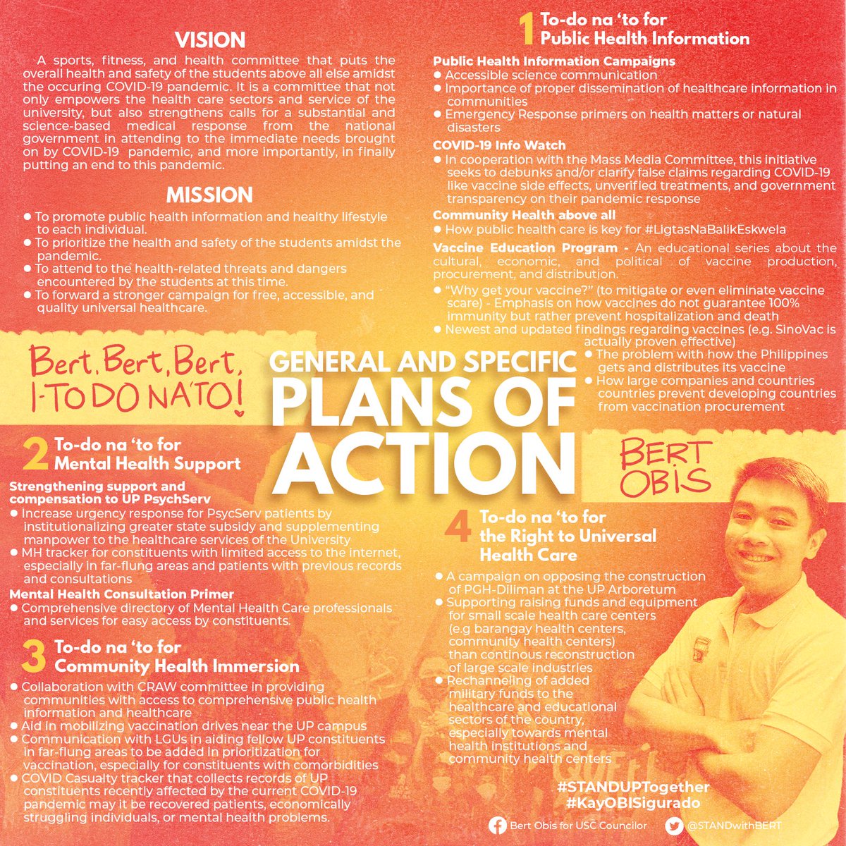 STANDwithBert's tweet photo. Sa kalusugan, ipaglaban natin! Sagarin na natin! #TodoNaTo 🔥

Alamin ang mga plano at kampanya ng inyong susunod na USC Councilor for Sports, Fitness, and Health - Bert Obis!

#StandUpTogether
#BerBerBert https://t.co/9nG6kXb1xw