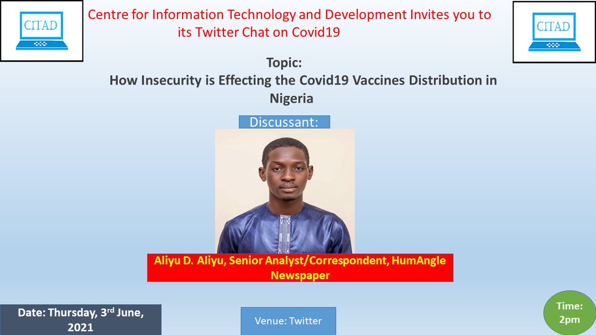 Ali Sabo (@a_sabo12) on Twitter photo Hello everyone,
Join me to welcome <a href="/ICTAdvocates/">CITAD</a> today's twitter chat guest on #CITADagainstCovid19, <a href="/Aliyussufiy/">Aliyu عَلِيُّ</a>, Senior Analyst with <a href="/HumAngle_/">HumAngle_</a> who will discuss on How Insecurity is Disrupting the Distribution of Covid19 Vaccines. Welcome sir <a href="/YZYau/">Yunusa Ya'u</a> <a href="/macfound/">MacArthur Foundation</a> <a href="/teemerh_beekay/">tee🧚♀️</a> Hello everyone,
Join me to welcome <a href="/ICTAdvocates/">CITAD</a> today's twitter chat guest on #CITADagainstCovid19, <a href="/Aliyussufiy/">Aliyu عَلِيُّ</a>, Senior Analyst with <a href="/HumAngle_/">HumAngle_</a> who will discuss on How Insecurity is Disrupting the Distribution of Covid19 Vaccines. Welcome sir <a href="/YZYau/">Yunusa Ya'u</a> <a href="/macfound/">MacArthur Foundation</a> <a href="/teemerh_beekay/">tee🧚♀️</a>