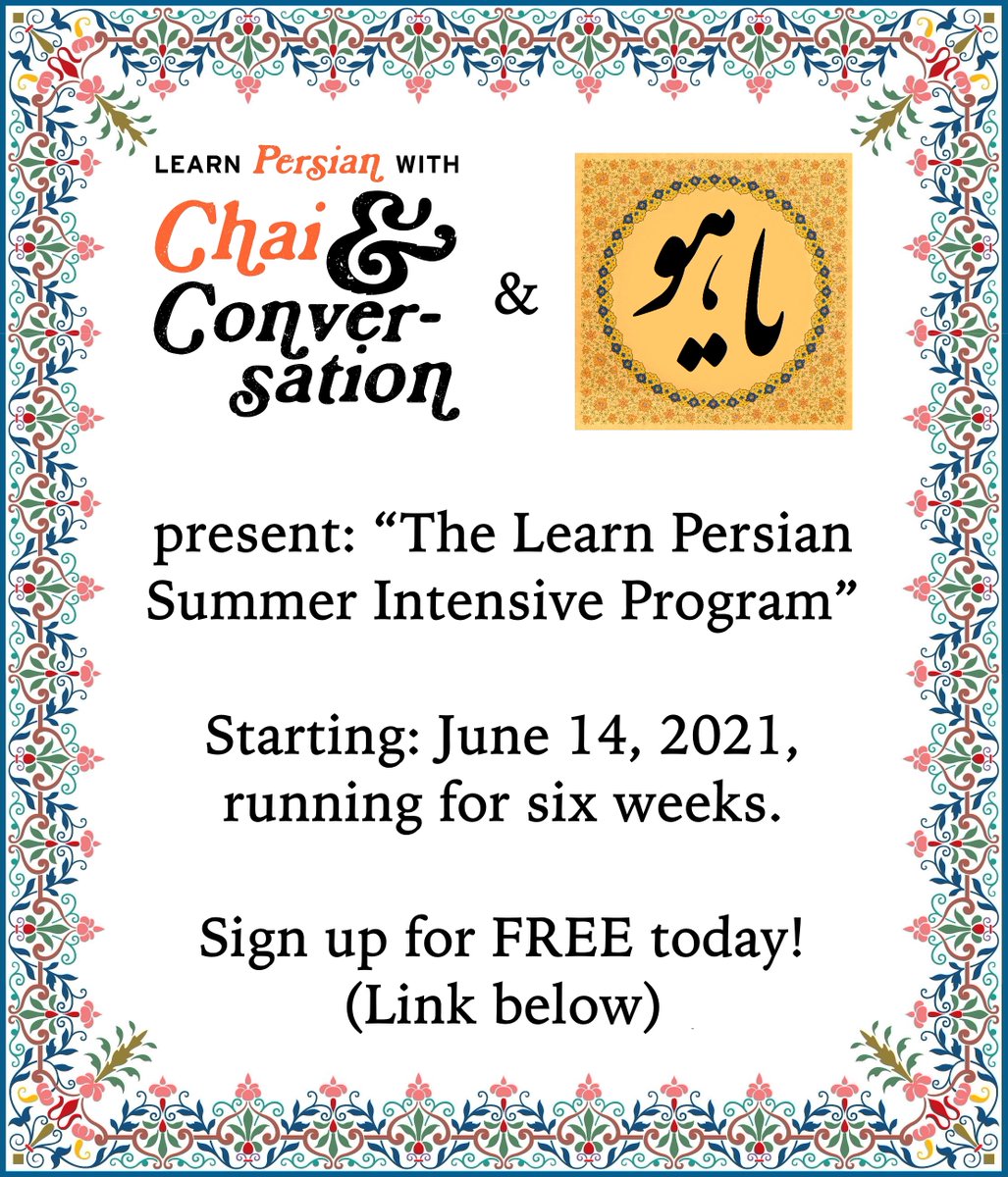 PersianPoetics's tweet image. The *most common* request we get is to teach Persian. We've politely declined so far, but everything changes today!
 
We have teamed up with our friends at chaiandconversation.com to bring you an unforgettable and FREE Persian learning experience! (Link below) (1/3)