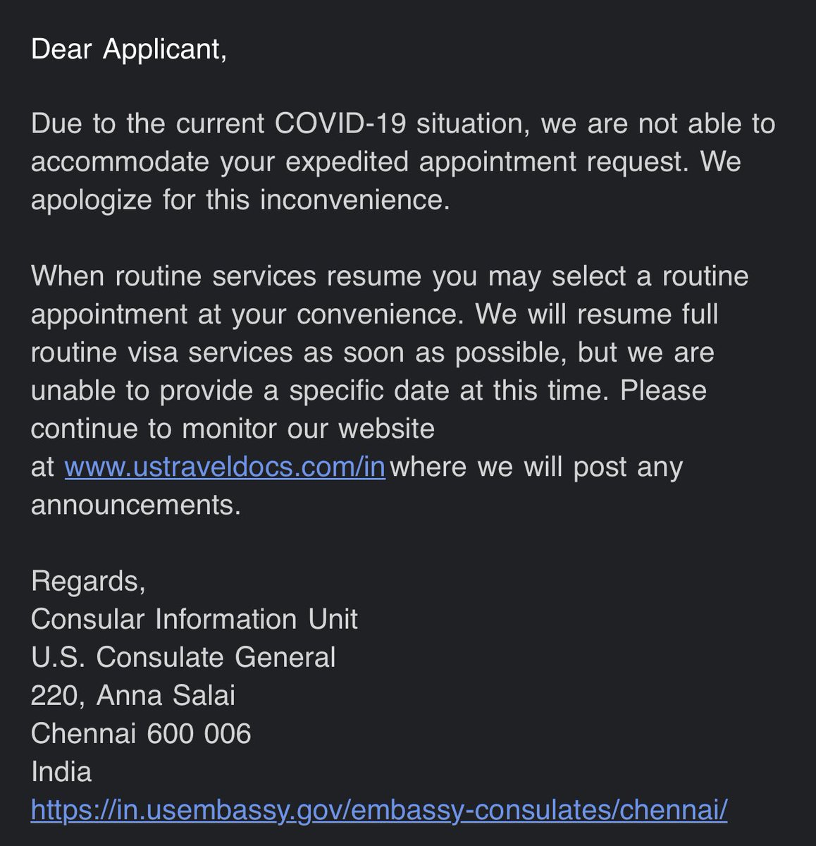 getnonimmihome's tweet photo. @USAmbIndia @judithravin @USAndMumbai @USAndChennai here’s a heartbreaking plea of a mother &amp; a wife to the consulates &amp; their response. Even with exemptions &amp; NIE qualification, so many dependent requests for emergency r being denied. Pls let the dependents join their family. https://t.co/e0ecdky7Bi