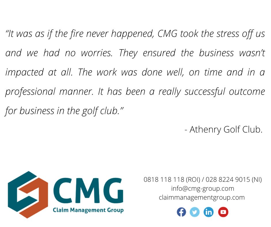 Following a fire in their maintenance yard, CMG were more than happy to help Athenry Golf Club with their insruance claim process.

#reviews #claimmanagement #lossassessors #feedback
