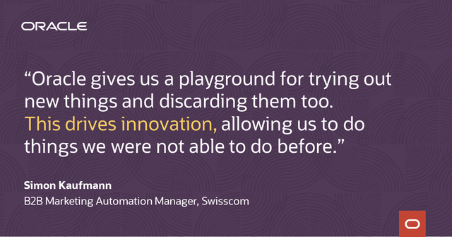 Swisscom is choosing <a href="/Oracle/">Oracle</a> to #automate its B2B marketing and spearhead #Cloud adoption across its business. bit.ly/3fMIpJX