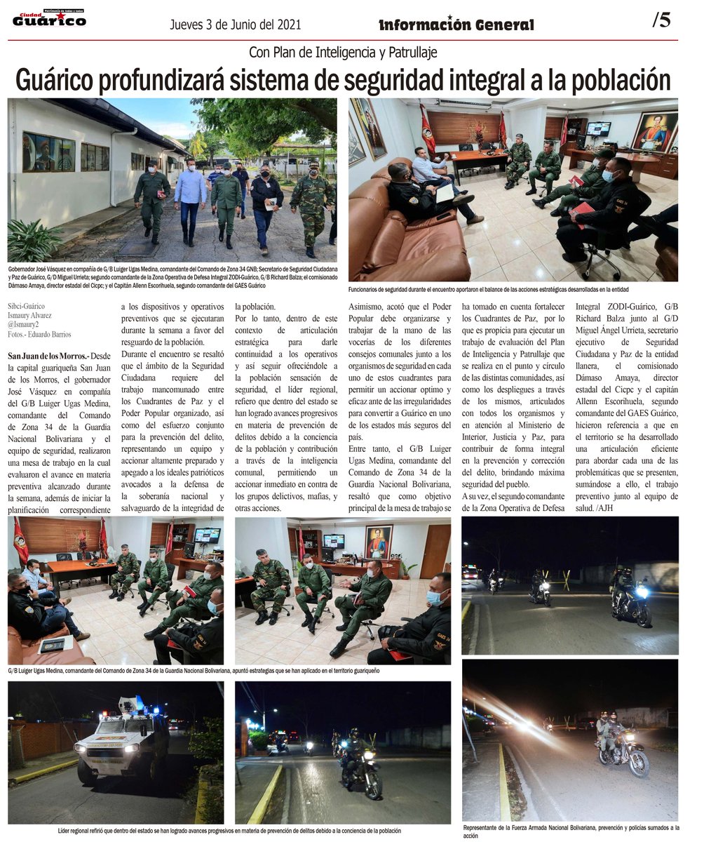#InfoGeneral 📰 Guárico profundizará sistema de seguridad integral a la población ✅

Diario completo ⬇️
👁‍🗨bit.ly/2RhsYA3

#Guárico
#InvenciblesHoy
#EnCuerpoYAlmaPorGuárico