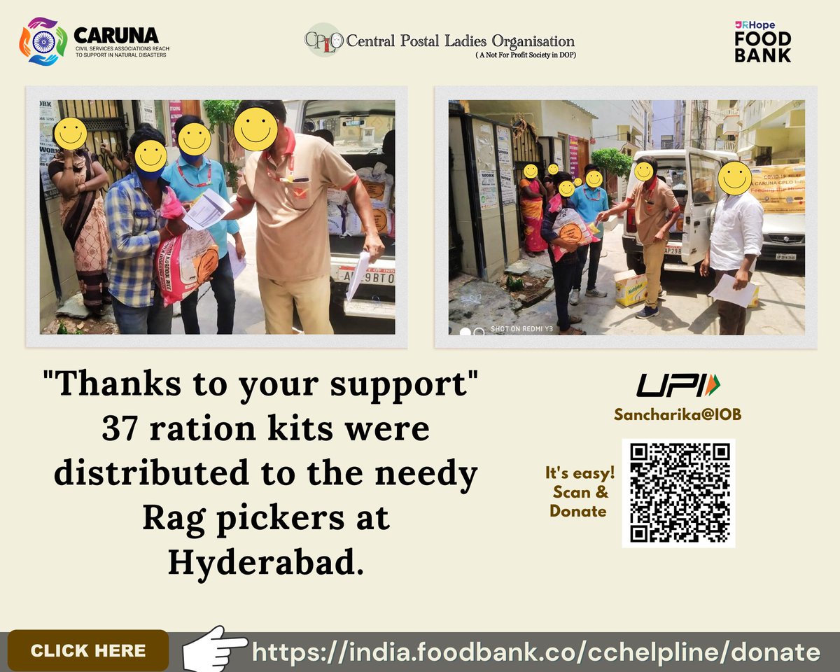 In our humble effort to reach out to needy people across the country, with your support we distributed 37 ration kits to the needy ragpickers at Hyderabad. If you know someone in need of ration/meal 📞7303123404     
<a href="/CARUNAindia/">Team CARUNA #MaskYourself</a> #TogetherWeCan