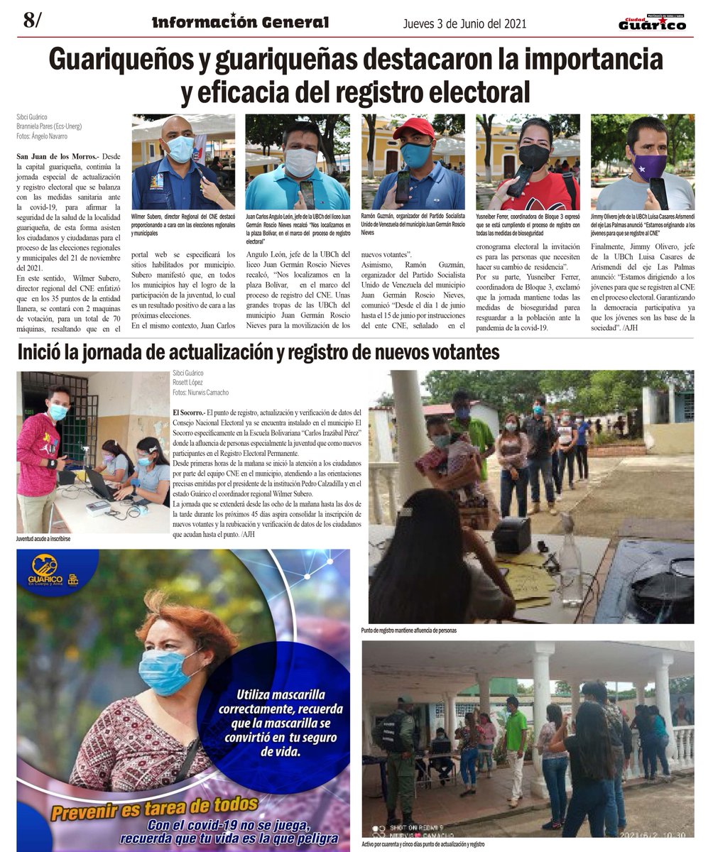 #InfoGeneral 📰 Guariqueños y guariqueñas destacaron la importancia y eficacia del registro electoral

Diario completo ⬇️
👁‍🗨bit.ly/2RhsYA3

#Guárico
#InvenciblesHoy
#EnCuerpoYAlmaPorGuárico