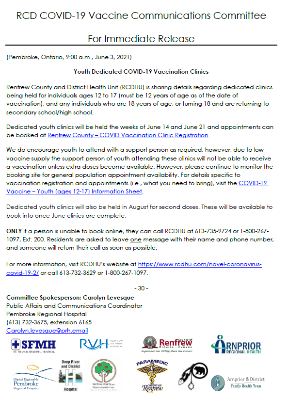 UPDATE: Youth Dedicated #COVID19 Vaccination Clinics.

View this and previous releases 👇 rcdhu.com/novel-coronavi… 

<a href="/ARHArnprior/">Arnprior Regional Health</a> <a href="/rcvtac/">Renfrew County Virtual Triage & Assessment Centre</a> <a href="/RenfrewCounty/">County of Renfrew</a> <a href="/RenCtyParamedic/">County of Renfrew Paramedic Service</a> <a href="/ArnpriorFHT/">Arnprior FHT</a> <a href="/AOP_FN/">Algonquins of Pikwakanagan</a>