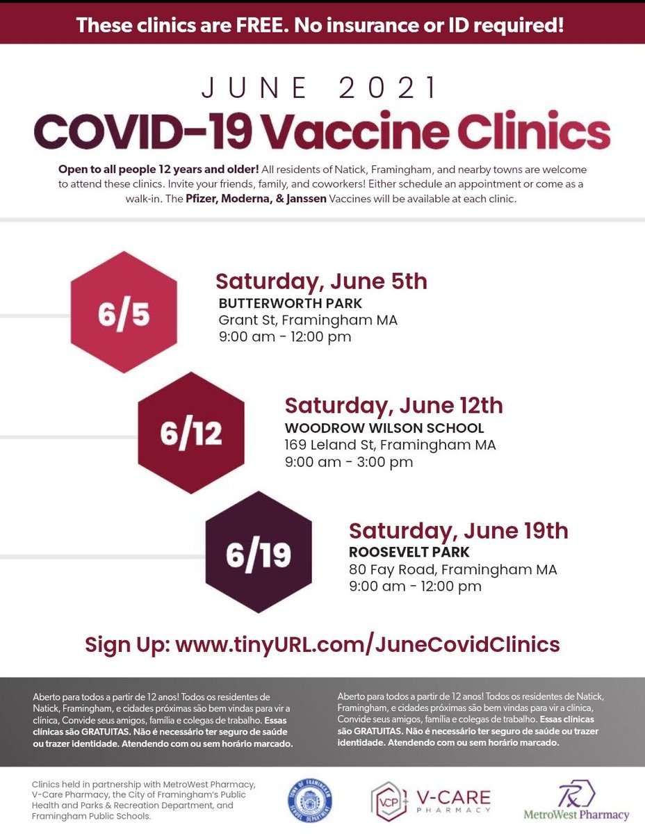 Check out these FREE COVID-19 Vaccine Clinics taking place this month in Framingham. Open to all residents of Framingham, Natick, and neighboring towns. Appointments can be scheduled in advance and walk-ins are welcome. #edthataddsup  No insurance or ID required.12 years+