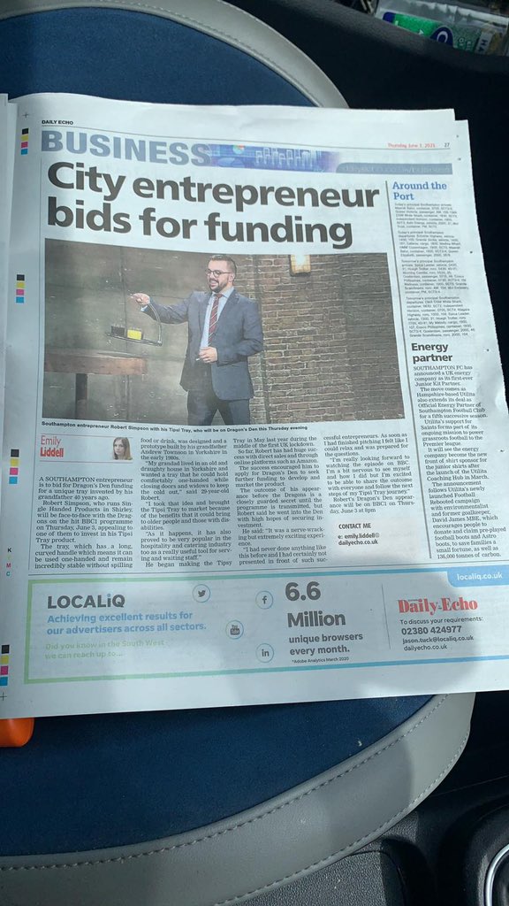 BriscoePR's tweet photo. Woop woop! A great bit of coverage for our client today @singleh74060784 in the @dailyecho🤩  

Tune in to BBC1 Dragons’ Den tonight to hear all about the Tipsi Tray and find out if the Dragons invested or not👀 @BBCDragonsDen

#entrepreneur #dragonsden https://t.co/fEuHsLCTk9