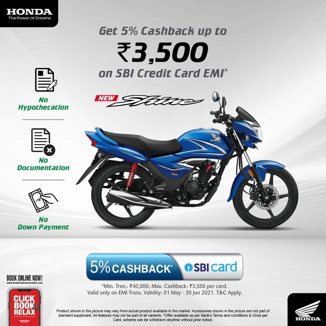 HondaMariyo's tweet photo. Avail 5% Cashback on SBI Credit Card EMI* on purchase of the #AmazingNew Honda Shine! Now enjoy exciting offers as you welcome home your favourite Honda 2Wheeler. To book online visit https://t.co/Jq2hY4vieV . (*T&amp;C apply) #HondaShine https://t.co/TAOPtkXNzc