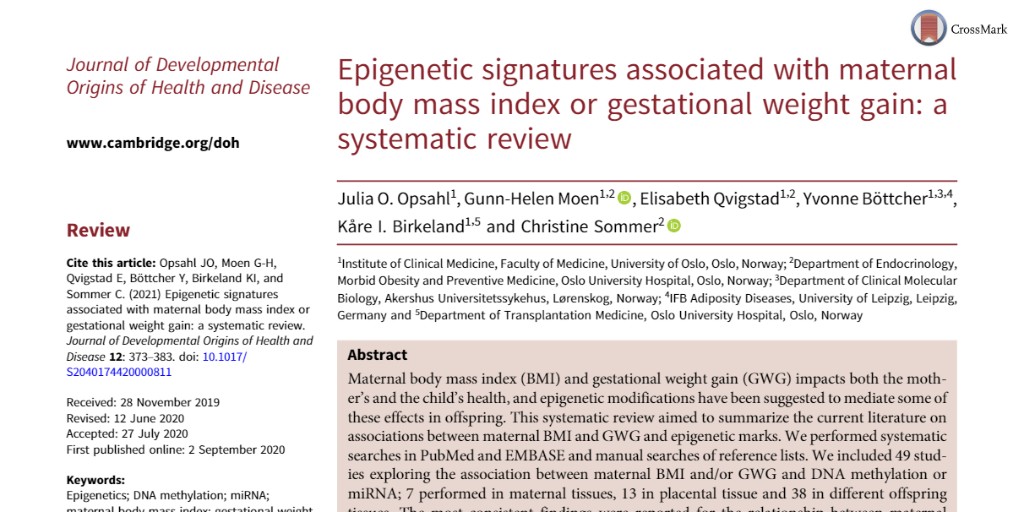 JDOHaD (@jdohad1) on Twitter photo REVIEW: Is maternal #BMI or weight status before or during #pregnancy related to #epigenetic signatures in maternal, #placenta or offspring tissue?
Read more: ow.ly/pwcl50F24ht
#DNAmethylation #miRNA #DOHaD #JDOHAD
<a href="/epipreg/">Christine Sommer</a> <a href="/Dr_GHMoen/">Gunn-Helen Moen</a> <a href="/birkeland_kare/">Kåre Birkeland</a> <a href="/OsloDiabetes/">Oslo Diabetes Research Centre</a> REVIEW: Is maternal #BMI or weight status before or during #pregnancy related to #epigenetic signatures in maternal, #placenta or offspring tissue?
Read more: ow.ly/pwcl50F24ht
#DNAmethylation #miRNA #DOHaD #JDOHAD
<a href="/epipreg/">Christine Sommer</a> <a href="/Dr_GHMoen/">Gunn-Helen Moen</a> <a href="/birkeland_kare/">Kåre Birkeland</a> <a href="/OsloDiabetes/">Oslo Diabetes Research Centre</a>