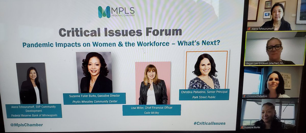 MplsChamber's tweet photo. Our incredible panel discussing impact of COVID-19 on women & the workforce now underway. Hope you are tuned in! @MplsChamber #CriticalIssue Thank you @Atchourumoff @PWCC_MN @collemcvoy & moderator @ChrisMPalladino of @ParkStPublic. https://t.co/aqdv9pPUmQ