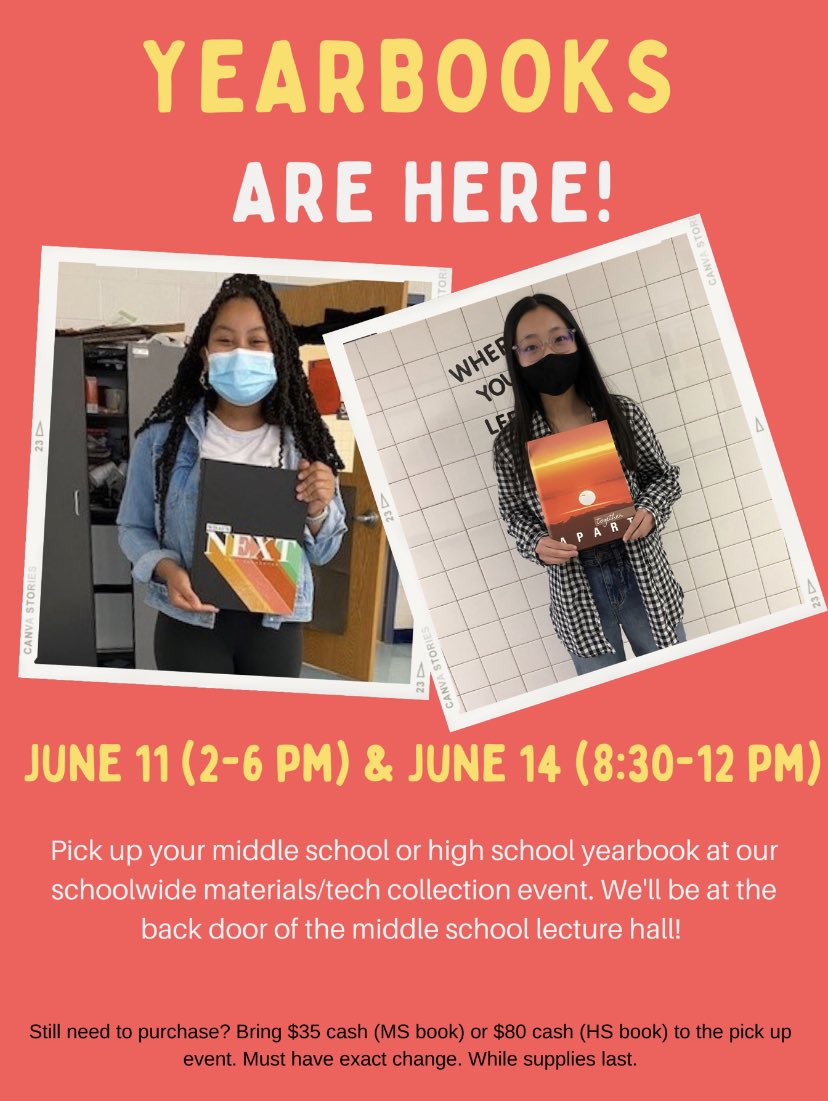 Yearbook are here!! Come pick up your book June 11th from 2-6 p.m. or June 14th from 8:30-12:00 p.m. by the back door near the Middle School Lecture Hall. If you still want to buy a book you can pay $80 cash for a High School book or $35 cash for the Middle School book.