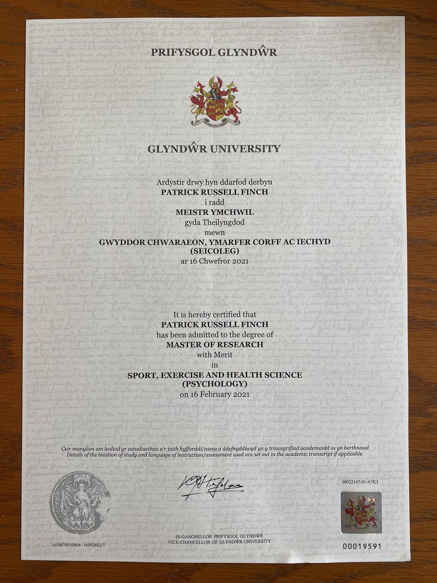 Elated to have received my certificate for my masters of research in sport with a specialism in psychology. @WGUSportDept @GlyndwrUni