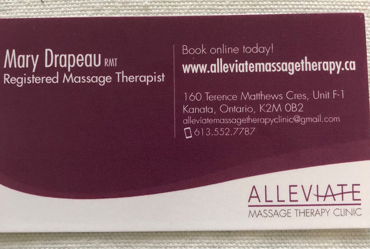 Thanks <a href="/Robdrapeau/">Rob Drapeau</a>  for rec - Mary is helping me to address my low back pain!  Kanata/Stittsville peeps check out Alleviate MT!