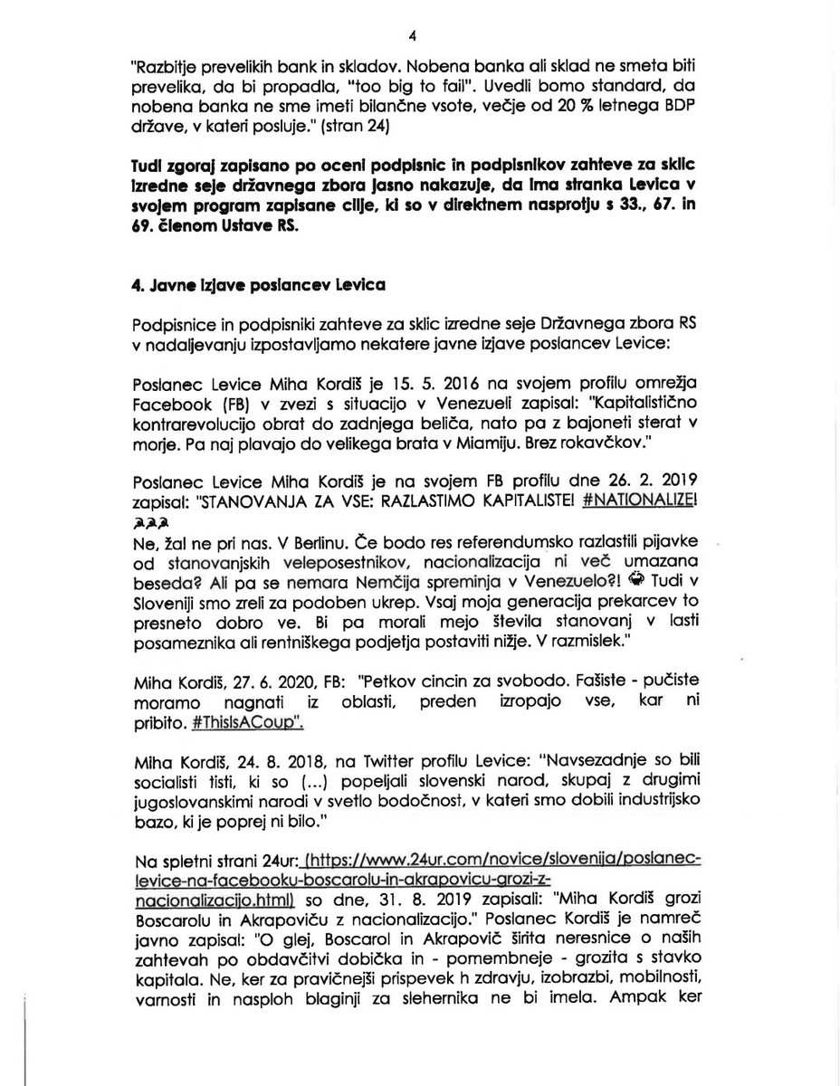 Poslanci <a href="/strankaSDS/">SDS</a> in <a href="/NovaSlovenija/">NSi</a> zahtevajo izredno sejo DZ, na kateri bi obravnavali program <a href="/strankalevica/">Levica</a>, češ da ta ruši parlamentarno demokracijo in ustavni red. Predsednik DZ <a href="/IgorZorcic/">Igor Zorčič</a> je zakonodajno-pravni službi DZ predlagal, da se opredeli, ali je predlog zakonit.