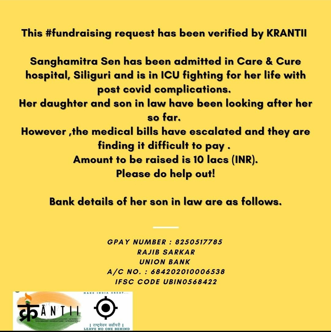 devikaamathur's tweet photo. This #fundraising request has been verified by @IndiaKrantii.

Please help🙏
@KRANTII01 @Capt_Ck @gorockgo_100 @paramprreet @rach_aha @_KanupriyaS @aviatorindia1 @pradyumna1007 @KimKalyani @PPullapads @GayatriiM https://t.co/9E71eNNJzY