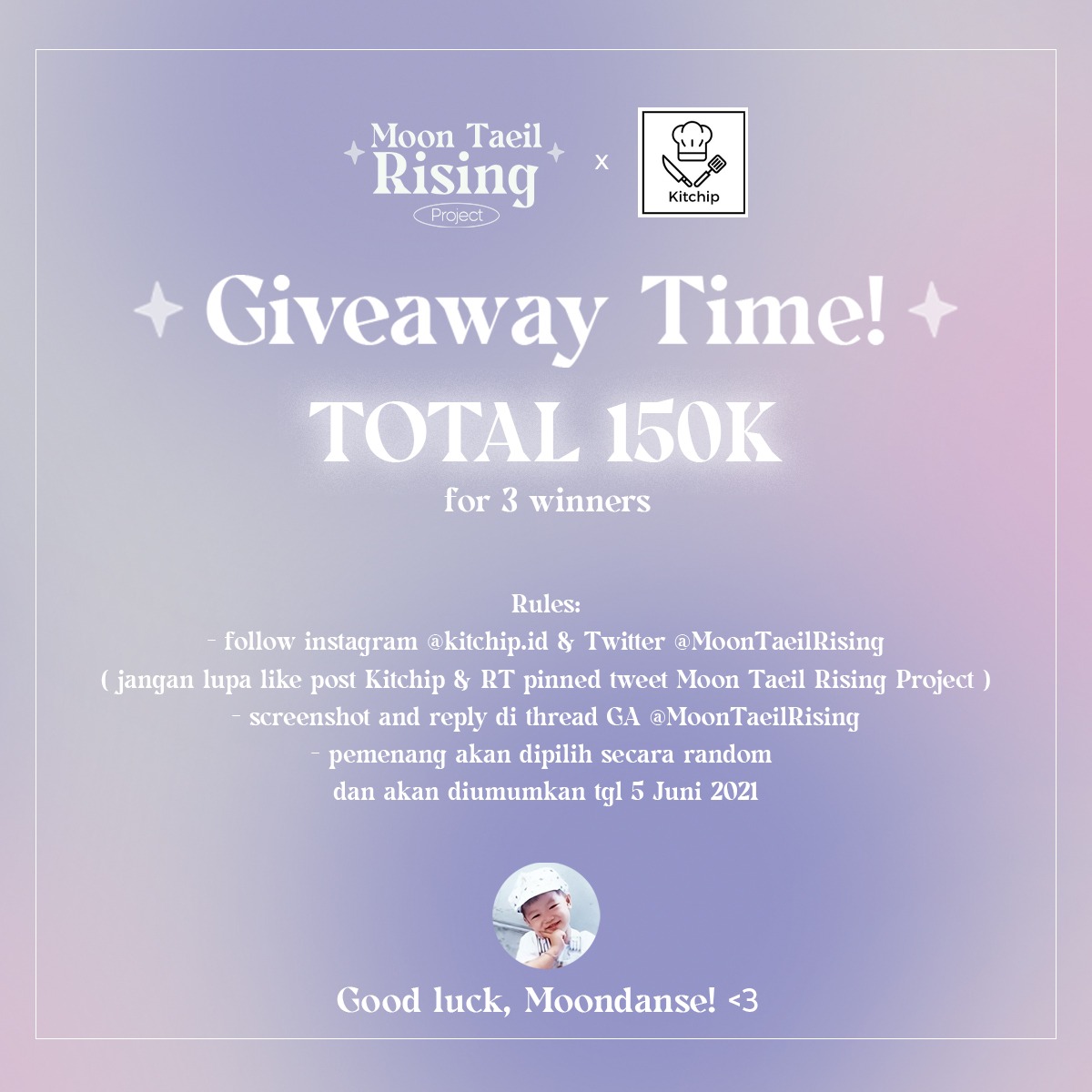 MoonTaeilRising's tweet photo. [ GIVEAWAY ] 🎁🌕

Rules:
1. Follow ig @/kitchip.id &amp; twitter @MoonTaeilRising
2. Like 3 post Kitchip &amp; RT pinned MTR
3. Ss dan reply di post ini

✨Ends June 5, 2021

Goodluck💜 https://t.co/gzc1pRiPWy