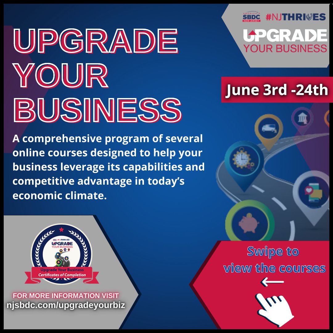 rnsbdc's tweet image. 📍NJSBDC&apos;s “Upgrade Your Business,” courses from June 3rd - June 24th!
➡️Register for these courses at bit.ly/njsbdc-njthriv…
.
#sbdc #rnsbdc #smallbusinesscourse #businesscourses #njsbdc #smallbiz #smallbusinesssupport #njthrives #NJThrives #webinars #onlinecourses