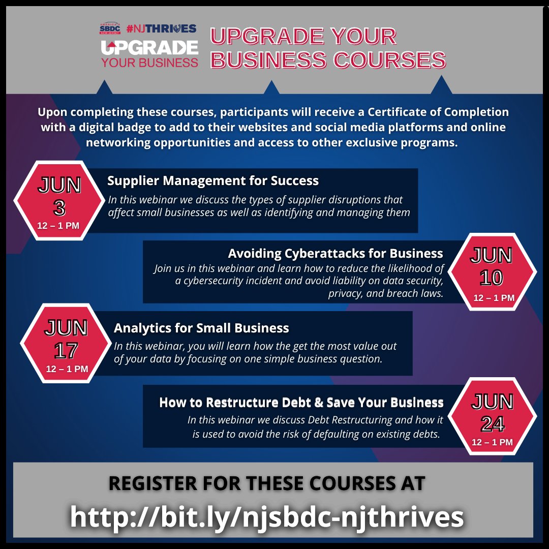 rnsbdc's tweet image. 📍NJSBDC&apos;s “Upgrade Your Business,” courses from June 3rd - June 24th!
➡️Register for these courses at bit.ly/njsbdc-njthriv…
.
#sbdc #rnsbdc #smallbusinesscourse #businesscourses #njsbdc #smallbiz #smallbusinesssupport #njthrives #NJThrives #webinars #onlinecourses