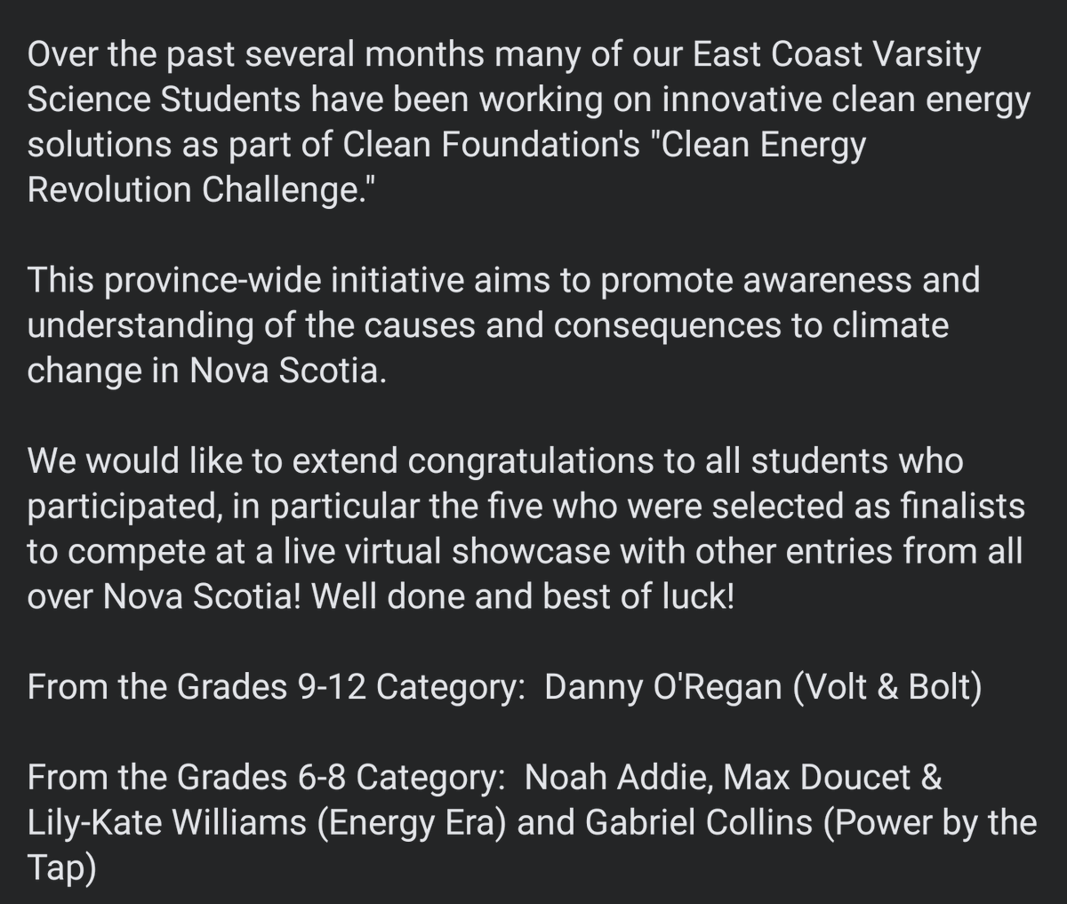 EastVarsity's tweet photo. Over the past several months many of our East Coast Varsity Science Students have been working on innovative clean energy solutions as part of Clean Foundation's "Clean Energy Revolution Challenge."
@cleanfoundation

#ECVPride #CleanEnergy #Science https://t.co/HQpak0exKL