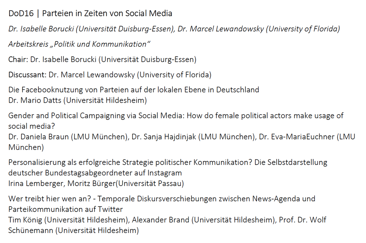 ak_und's tweet photo. Wir freuen uns auf unser Panel "Parteien in Zeiten von Social Media" auf dem @dvpw-Kongress mit spannenden Beiträgen zu Campaigning, Personalisierung und Diskursen in sozialen Medien. Chair: @i_RoBo_; Discussant: @mlewandowsky https://t.co/22PvsXcEsq