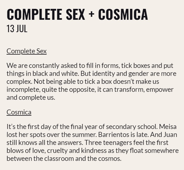 Opening #OOTW2021 July 13 at is a double bill from Argentina and Mexico:  Mónica Maffía's COMPLETE SEX, translated by @SophieL_Stevens, followed by Gabriela Román Fuentes's COSMICA, translated by Georgina Escobar and directed by Kate O'Connor.🎟️+info: omnibus-clapham.org/complete-sex-a…