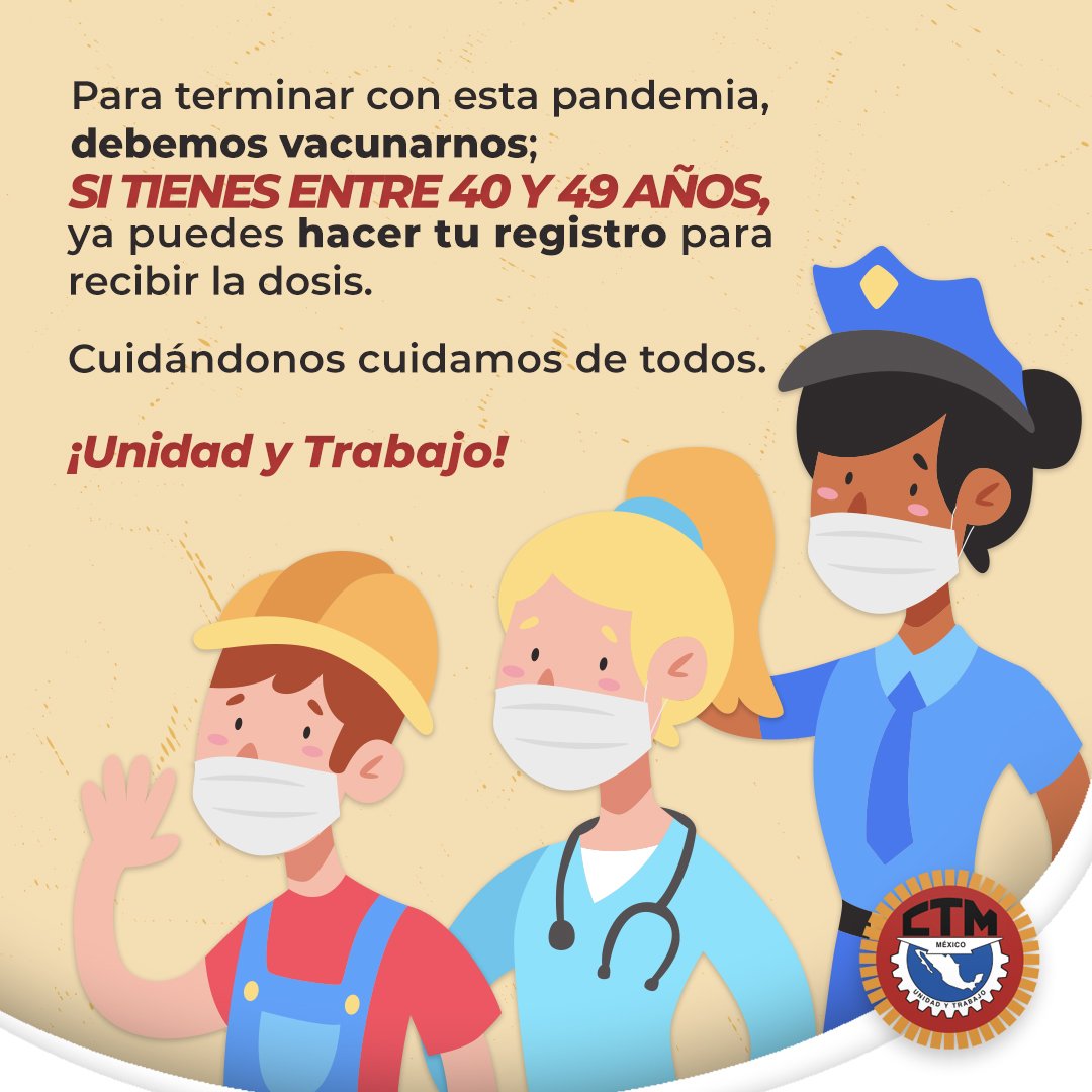 ¡Compañeras y compañeros! Recuerden que si tienen entre 40 y 49 años, ya pueden registrarse para recibir su dosis de vacuna en contra del #COVID19.

Con #UnidadyTrabajo, juntos, combatamos esta pandemia. Regístrense aquí.👇
mivacuna.salud.gob.mx/index.php