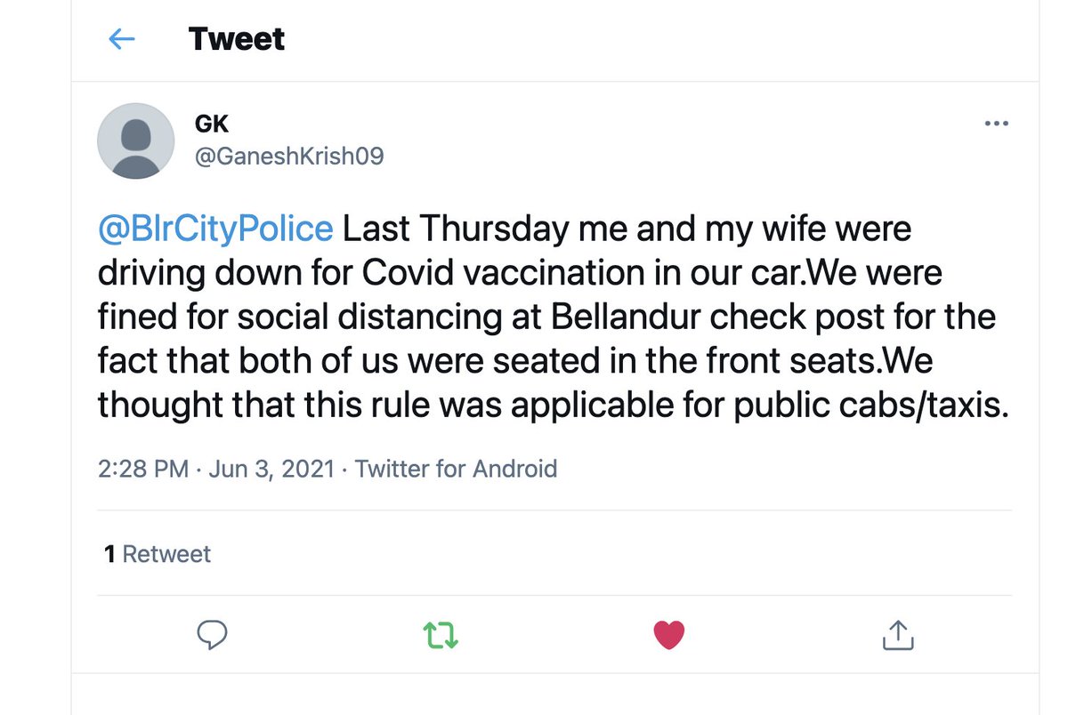 Shriram__V's tweet photo. @CPBlr @BlrCityPolice @blrcitytraffic Improper fines are collected in the name of  Social distance violation, people are getting fined for travelling together from same family, in this case husband and wife, please check this below image. https://t.co/UETMFQM5uy