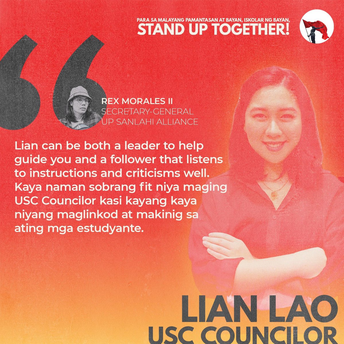 STANDwithLIAN's tweet photo. TINGNAN! 👀

Alamin natin ang masasabi, ngayon naman ni Rex Morales II tungkol sa ating susunod na USC Councilor!

Para sa siyentipiko at makamasang pag-unlad! 

#iLaoNgKinabukasan
#StandUPTogether https://t.co/5WKud3FgTb