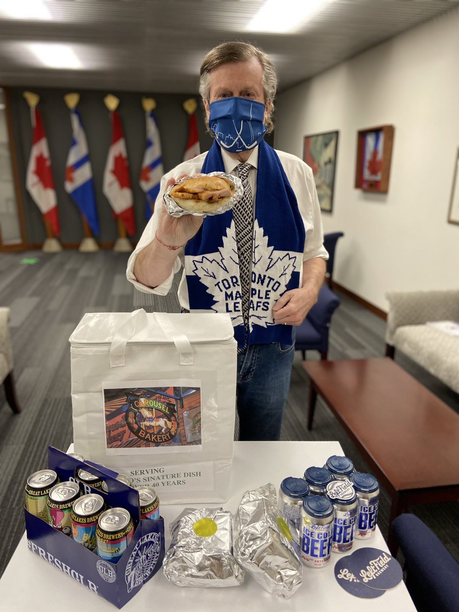 JohnTory's tweet photo. A bet is a bet, @Val_Plante.

Peameal bacon sandwich from Carousel Bakery at @StLawrenceMkt and local beer from @GreatLakesBeer and @LFBrewery are safely on their way to Montreal thanks to @VIA_Rail. 

Canadiens flag will be raised June 9.

#LeafsForever https://t.co/ME0NHheFiV